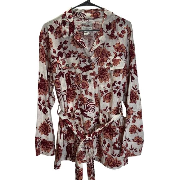 NWOT Rachel Zoe Sz L Linen Floral Print Button Down Blouse Tunic Belted Pockets - Picture 1 of 5